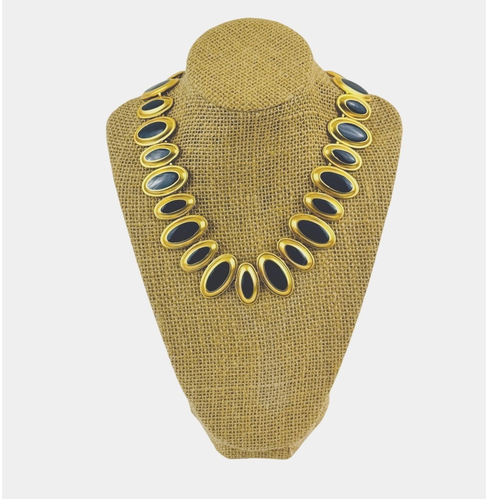 Vintage Blue & Gold Teardrop Statement Necklace Bold‎ 80s Glam Chunky Collar